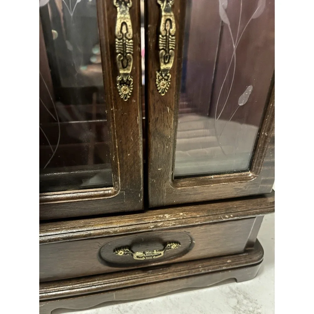 Vintage Jewelry Box Armoire Wood Etched Glass Carousel Mirror Music Box 13x9x5